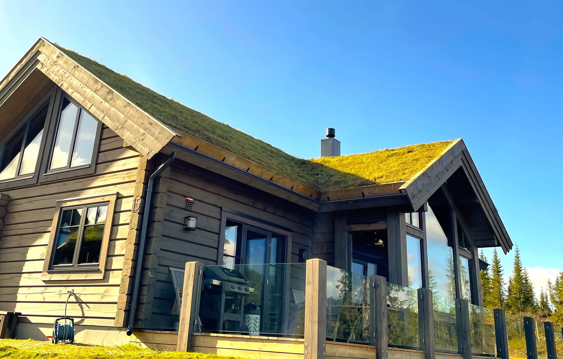 Moderne hytte med nylig klippet torvtak og blå himmel